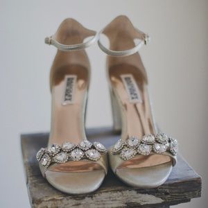 Badgley Mischka Rhinestone Gold Leather Block Heel